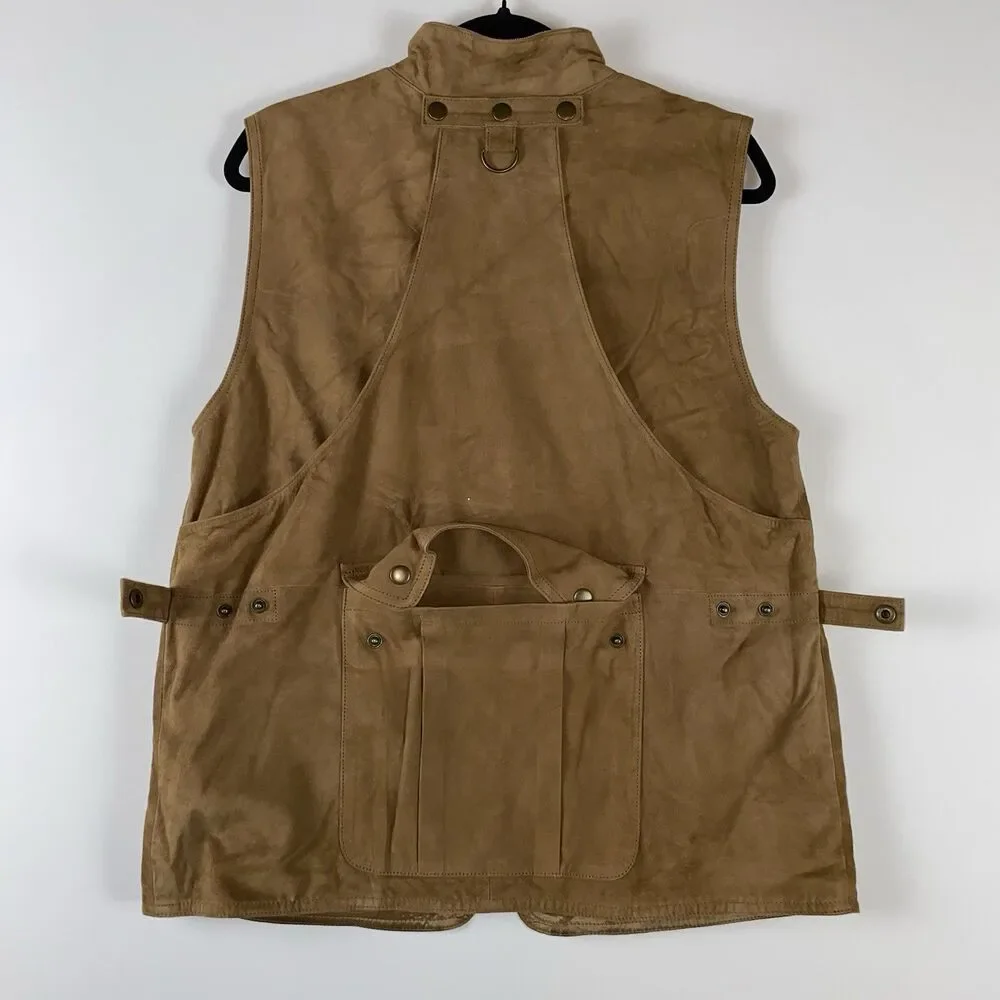 Banana Republic Men's Hunting Vest Tan Goat Suede M Full Zip Lined Multi-Pocket